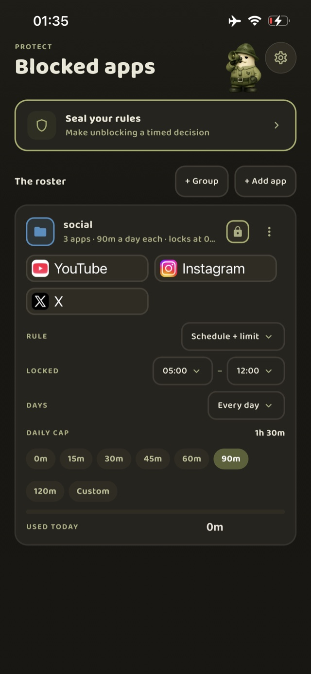 The Blocked apps screen in Sarge, with Strict Mode ready to seal the rules