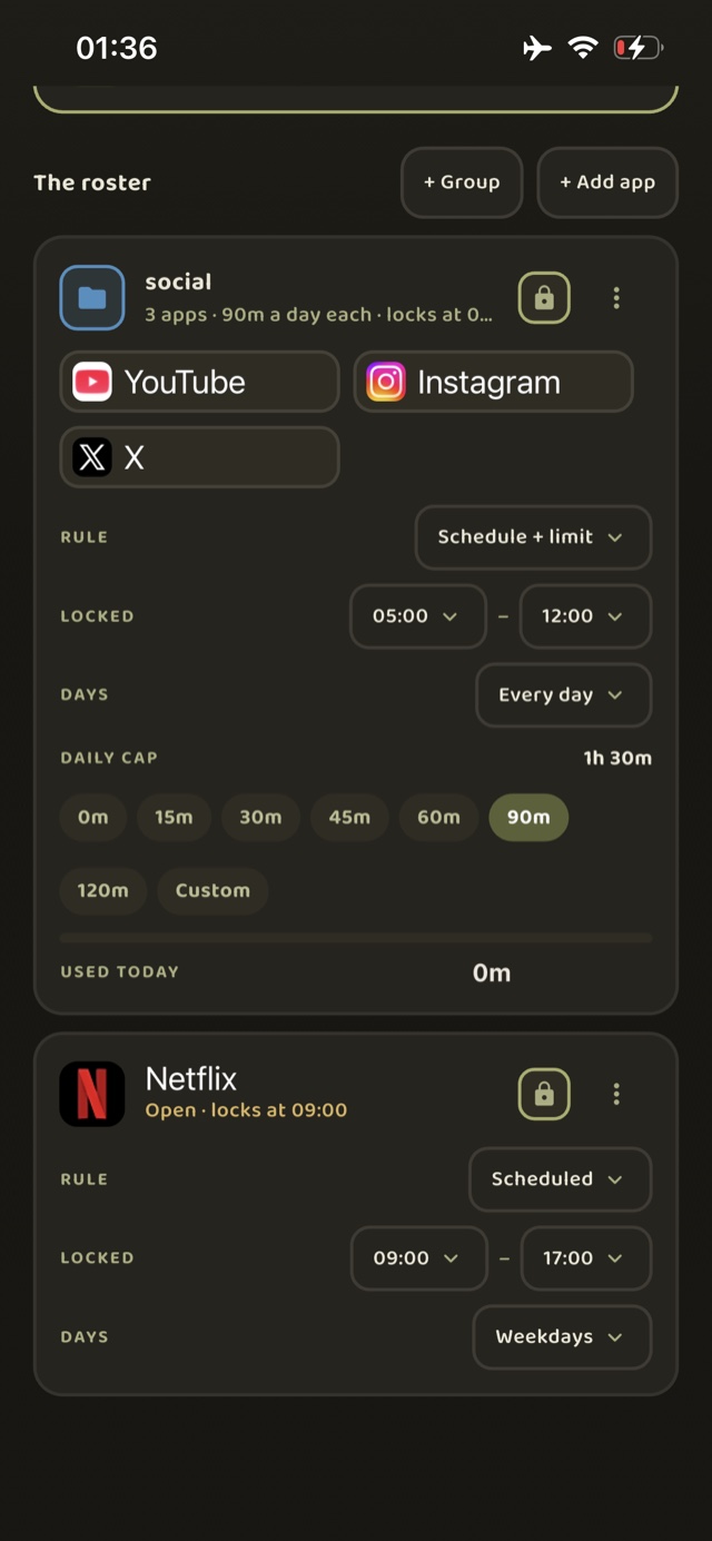 Sarge's roster of blocked apps, each with its schedule and daily cap